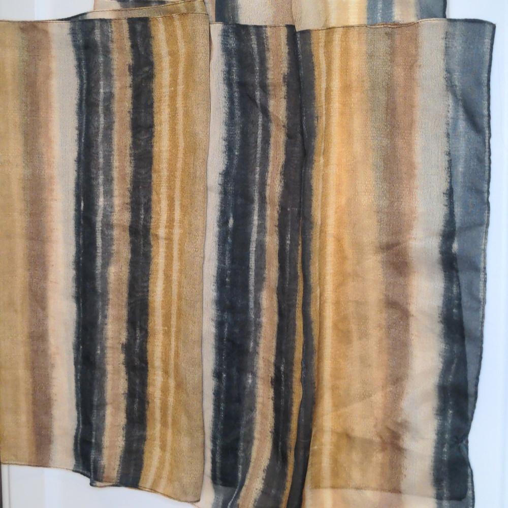 3/$15 Vintage 70s Scarf Striped Neutral Tan Grey Navy Blue Water Color Muted MCM - Picture 6 of 9